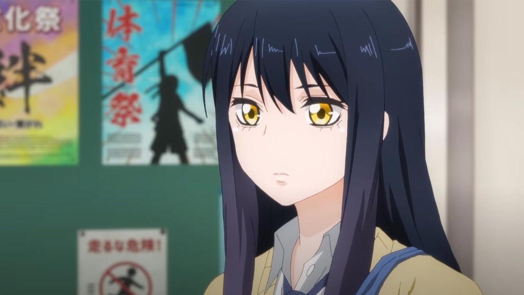 anime girl with black hair and blue highlights